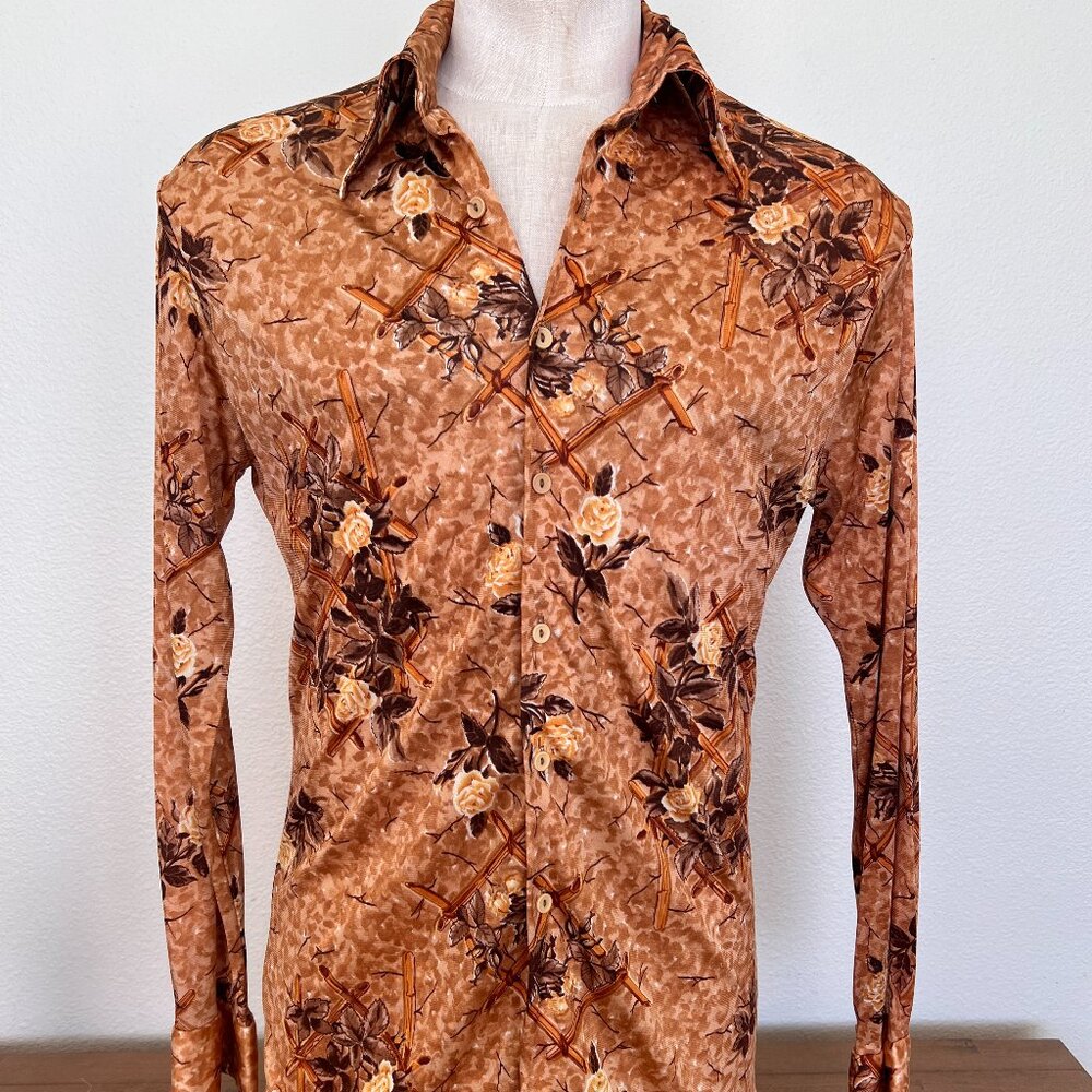 70's Funky Floral Mens Disco Shirt - Long Sleeve - Frankenstein - Size XL